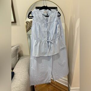 NWT Commense Light Blue triple tie peplum top and wide Leg pant cotton linen set
